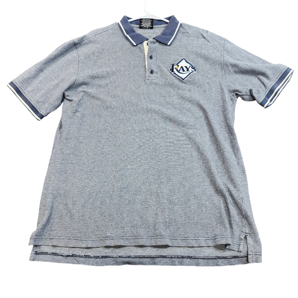 Stitches Tampa Bay Rays Polo Shirt Mens Large Blue Stripe Cotton MLB Baseball